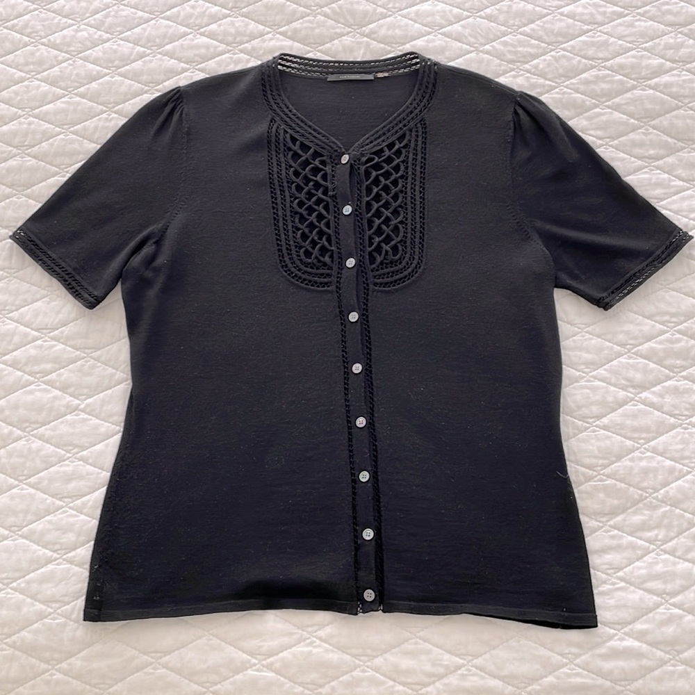 Elie Tahari Woman’s Black Extra Fine Marino Wool Short Sleeve Sweater!